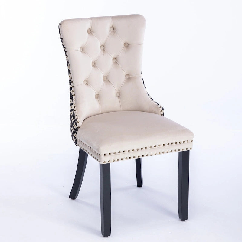 Silla de comedor de terciopelo negra/beige, juego de 2 – Respaldo alto, patas de madera maciza