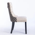 Silla de comedor de terciopelo negra/beige, juego de 2 – Respaldo alto, patas de madera maciza