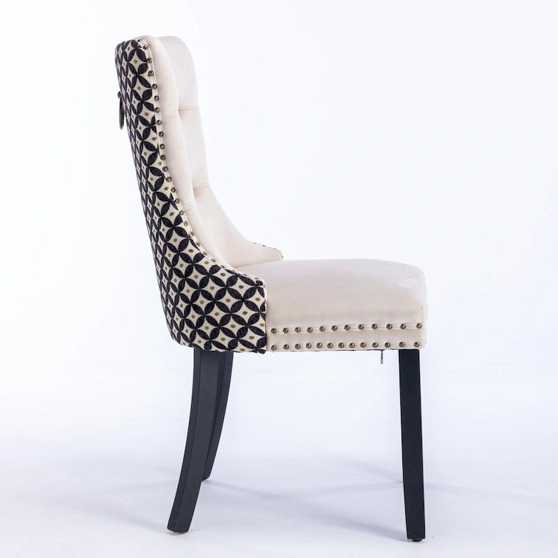 Silla de comedor de terciopelo negra/beige, juego de 2 – Respaldo alto, patas de madera maciza