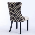 Silla de comedor de terciopelo negra/beige, juego de 2 – Respaldo alto, patas de madera maciza