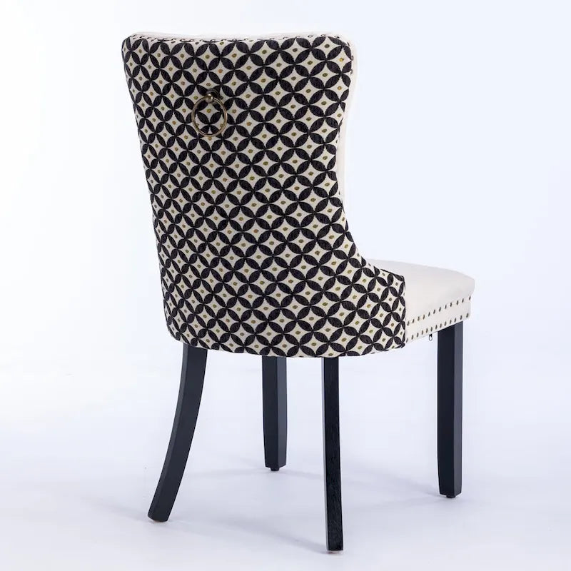 Silla de comedor de terciopelo negra/beige, juego de 2 – Respaldo alto, patas de madera maciza
