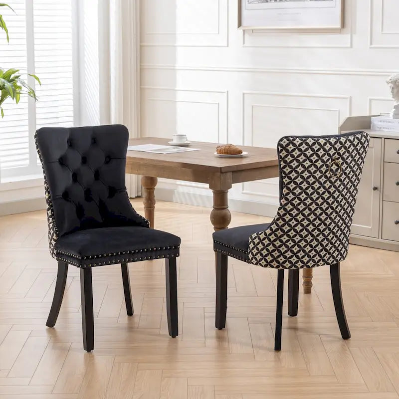 Silla de comedor de terciopelo negra/beige, juego de 2 – Respaldo alto, patas de madera maciza