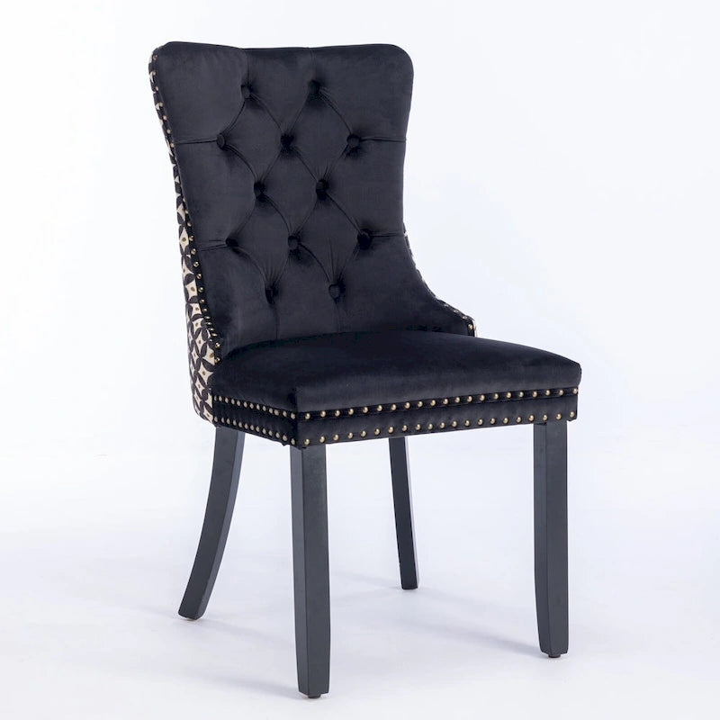 Silla de comedor de terciopelo negra/beige, juego de 2 – Respaldo alto, patas de madera maciza