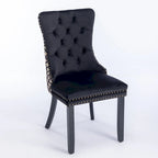 Silla de comedor de terciopelo negra/beige, juego de 2 – Respaldo alto, patas de madera maciza