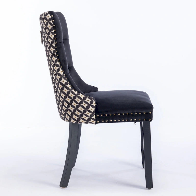 Silla de comedor de terciopelo negra/beige, juego de 2 – Respaldo alto, patas de madera maciza