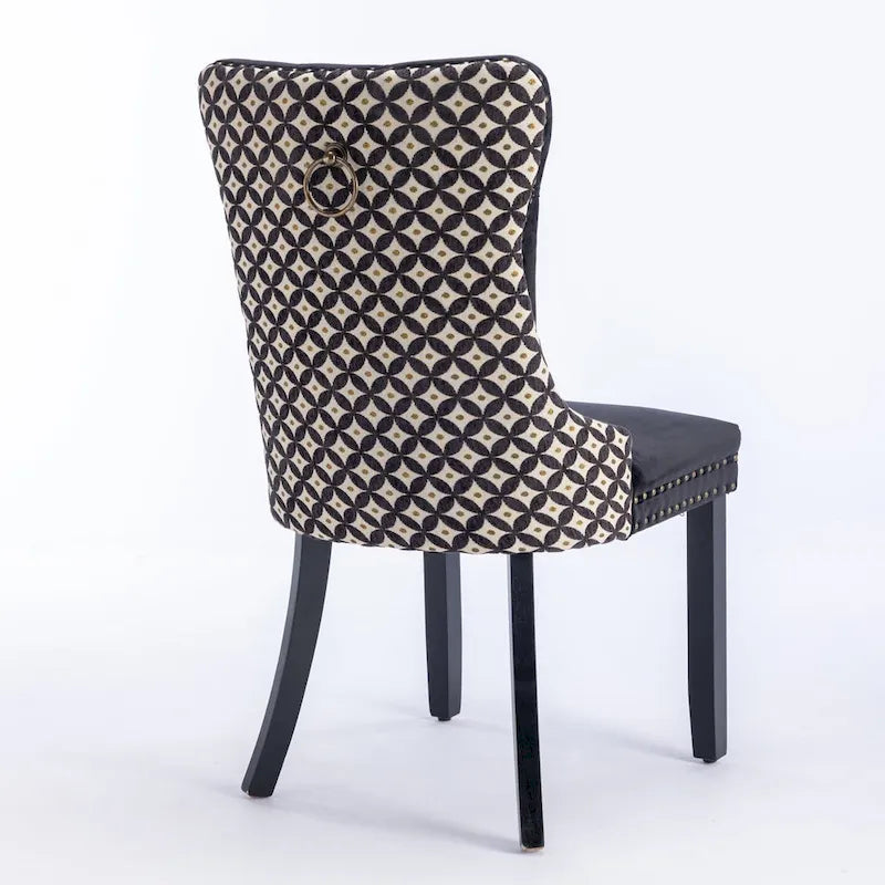 Silla de comedor de terciopelo negra/beige, juego de 2 – Respaldo alto, patas de madera maciza
