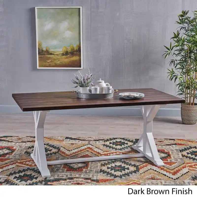 Mesa de Comedor Estilo Granja Marrón Oscuro + Blanco, de Caballete