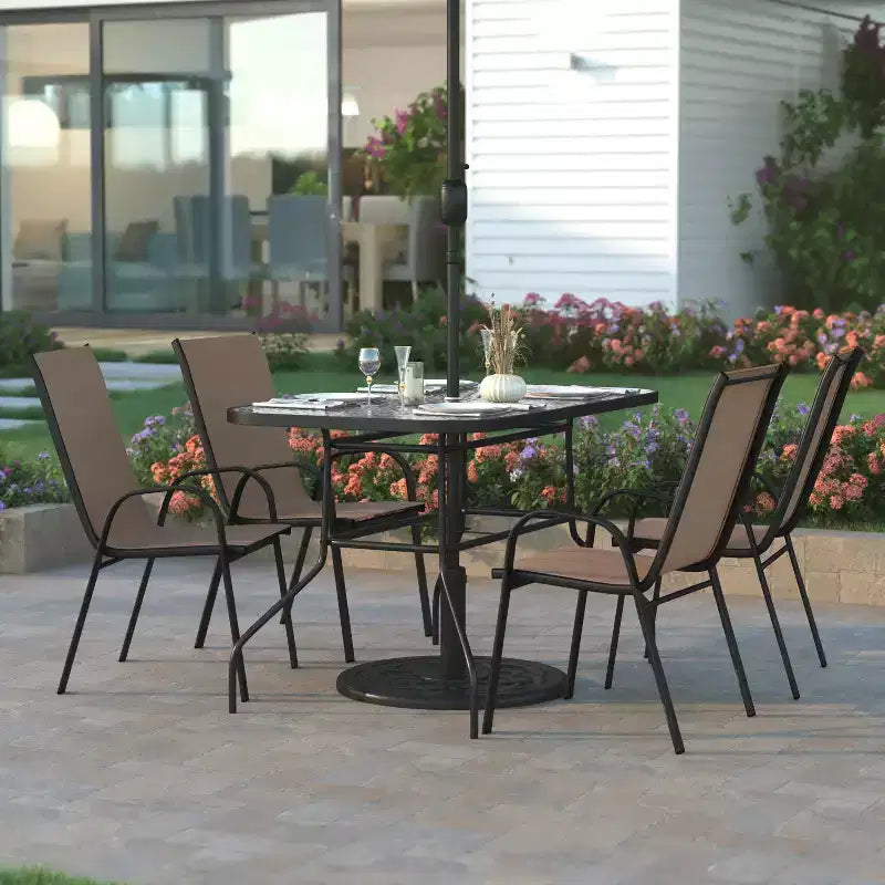 Emma and Oliver 5 Piece Outdoor Dining Set with Tempered Glass Top Patio Table and 4 Flex Comfort Textilene Stacking Chairs