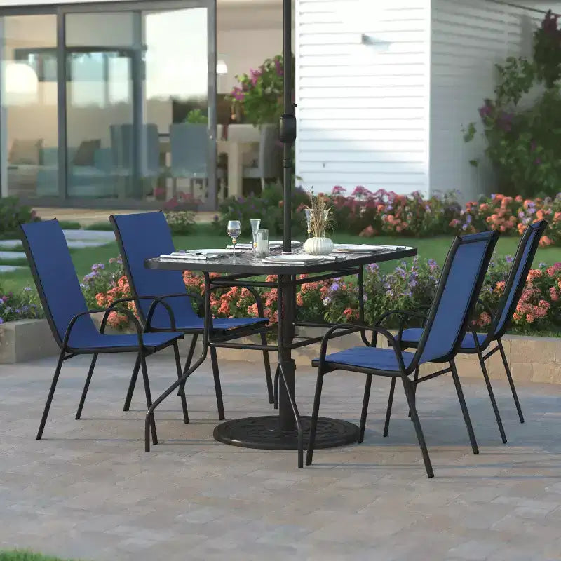 Emma and Oliver 5 Piece Outdoor Dining Set with Tempered Glass Top Patio Table and 4 Flex Comfort Textilene Stacking Chairs