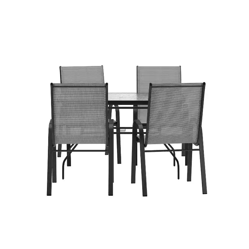 Emma and Oliver 5 Piece Outdoor Dining Set with Tempered Glass Top Patio Table and 4 Flex Comfort Textilene Stacking Chairs