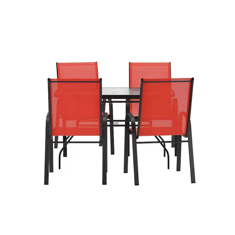 Emma and Oliver 5 Piece Outdoor Dining Set with Tempered Glass Top Patio Table and 4 Flex Comfort Textilene Stacking Chairs