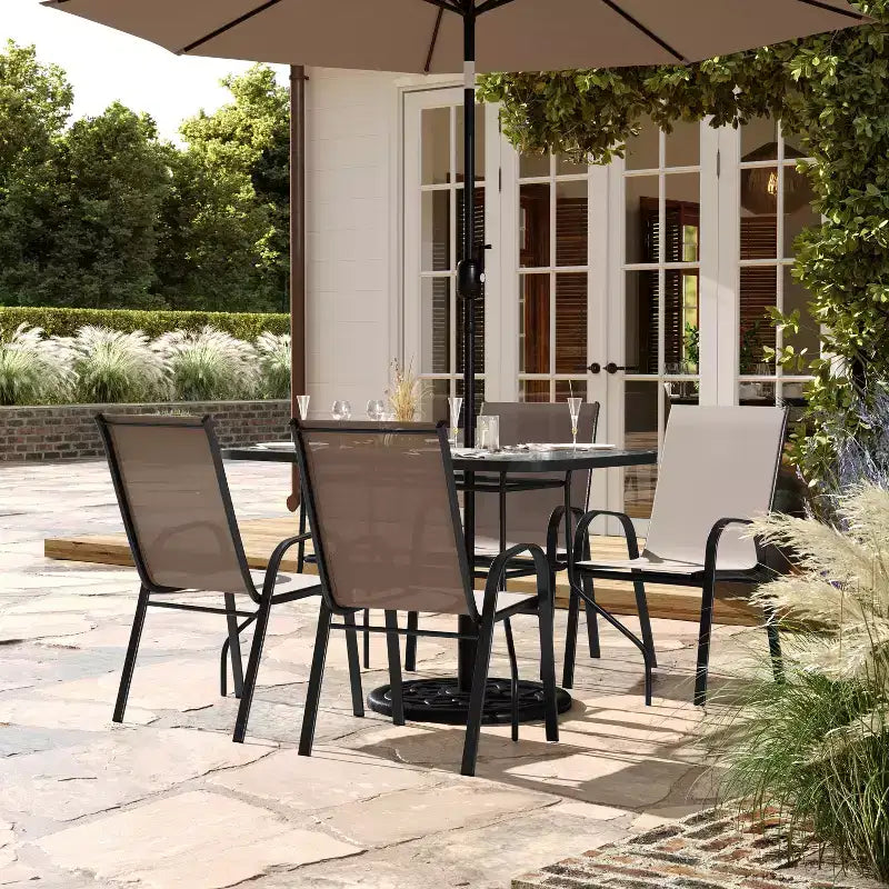 Flash Furniture Brazos 5 Piece Commercial Grade Patio Dining Set with Tempered Glass Patio Table and 4 Chairs with Flex Comfort Material Seats and Backs