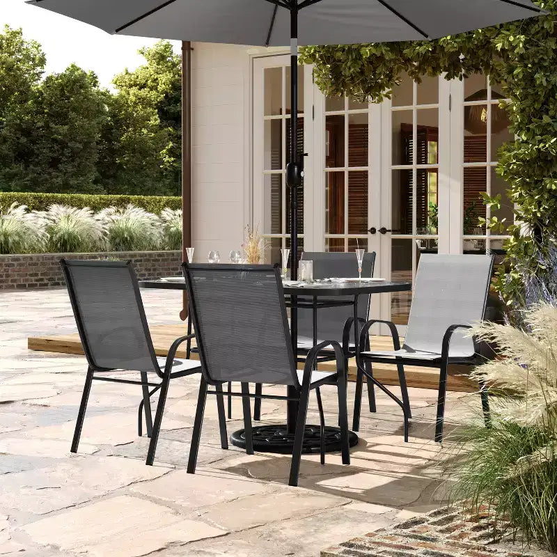 Flash Furniture Brazos 5 Piece Commercial Grade Patio Dining Set with Tempered Glass Patio Table and 4 Chairs with Flex Comfort Material Seats and Backs