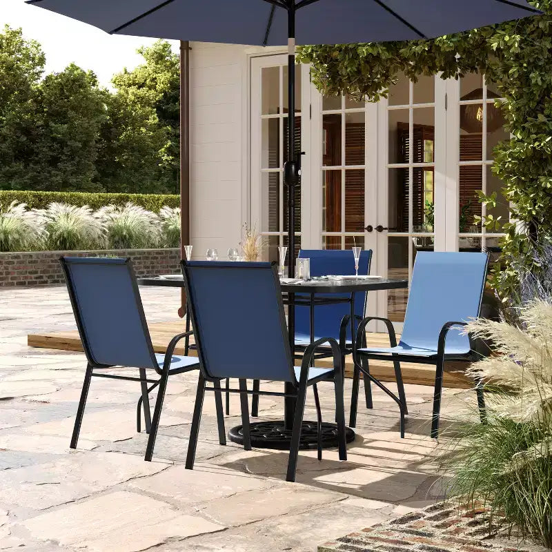 Flash Furniture Brazos 5 Piece Commercial Grade Patio Dining Set with Tempered Glass Patio Table and 4 Chairs with Flex Comfort Material Seats and Backs