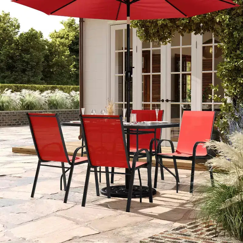 Flash Furniture Brazos 5 Piece Commercial Grade Patio Dining Set with Tempered Glass Patio Table and 4 Chairs with Flex Comfort Material Seats and Backs
