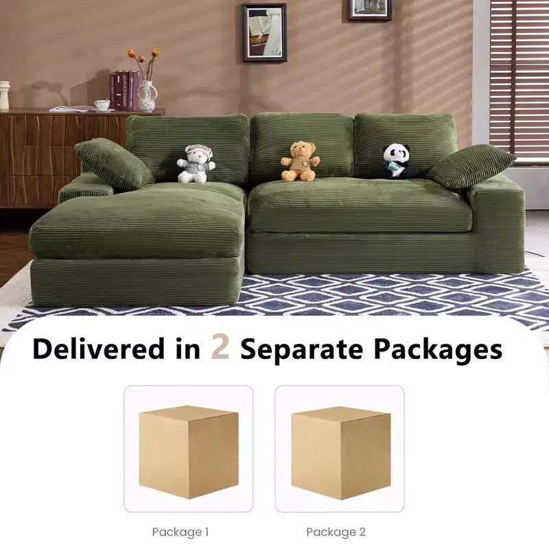 Clihome Corduroy Compressed Sofa - Soft Skin-Friendly with 3 Back Cushions & 2 Throw Pillows