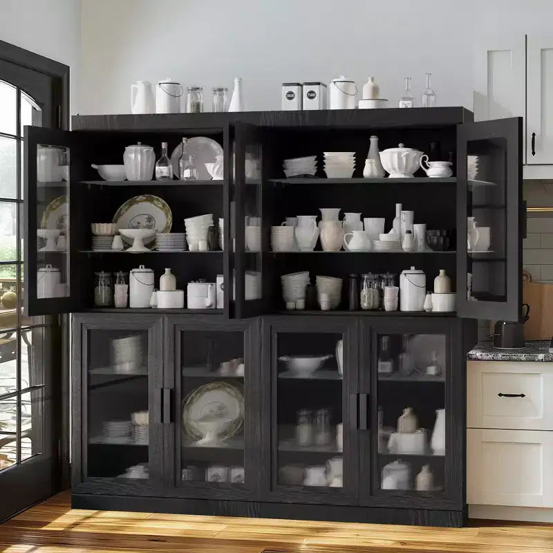 62 High Black Glass Door Wood Grain Decorative Storage Cabinet Display Cabinet, with Sufficient Space for 12 Shelves