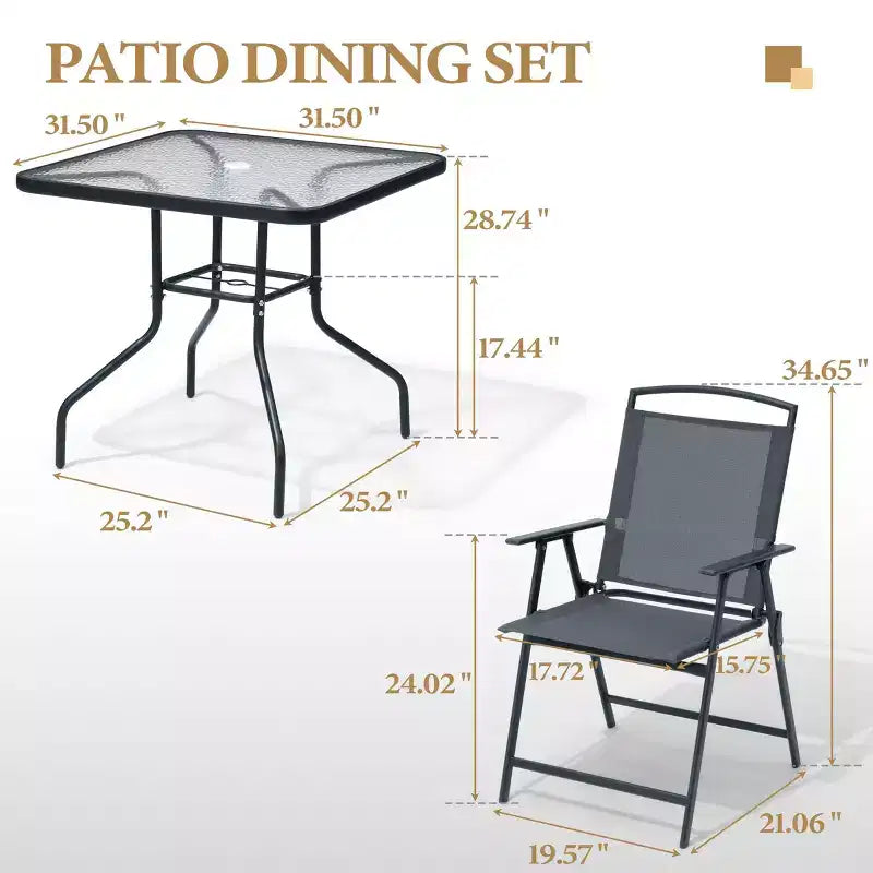 Ensemble de salle à manger d'extérieur 5 pièces Crestlive Products avec 4 chaises pliantes et une table, mobilier de jardin avec plateau en verre carré