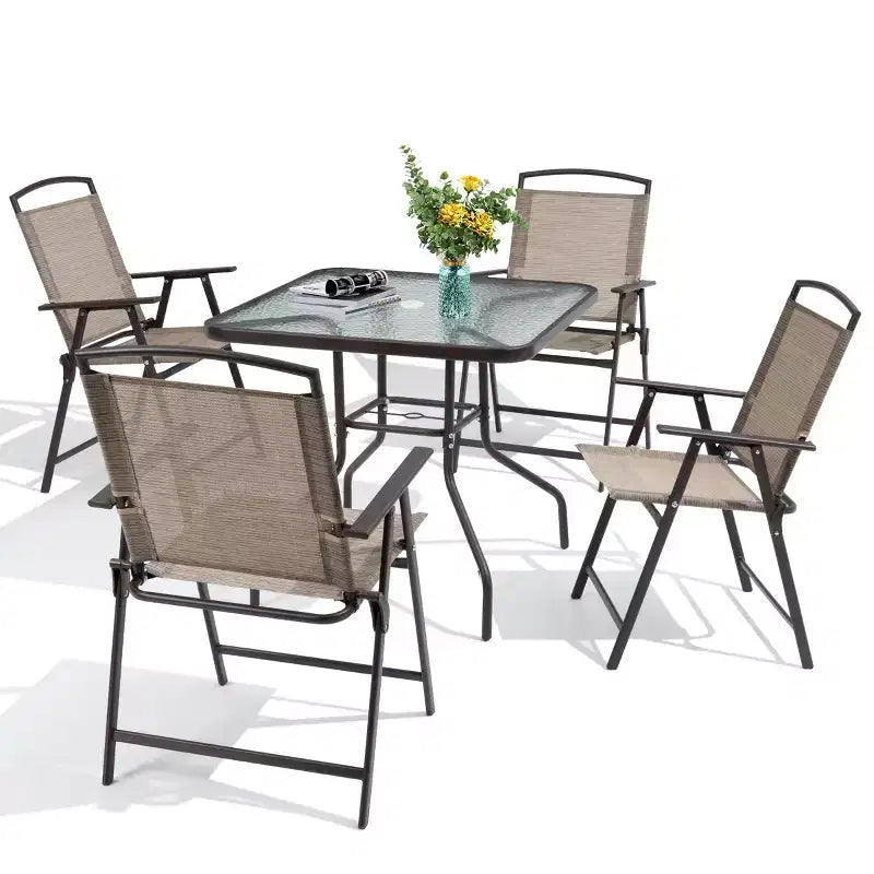 Ensemble de salle à manger d'extérieur 5 pièces Crestlive Products avec 4 chaises pliantes et une table, mobilier de jardin avec plateau en verre carré
