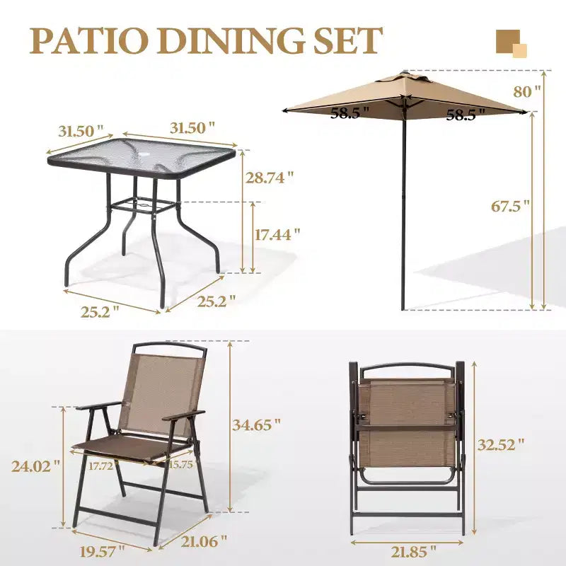 Crestlive Products 6 PCS Patio Dinning Set 4 Folding Chairs Square Tempered Glass Table and Umbrella Set