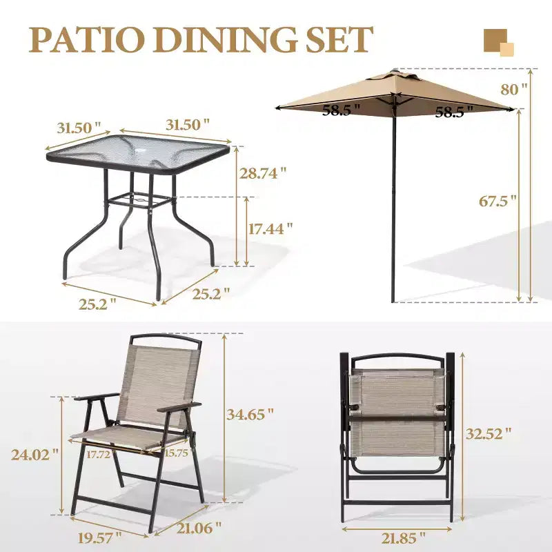 Crestlive Products 6 PCS Patio Dinning Set 4 Folding Chairs Square Tempered Glass Table and Umbrella Set