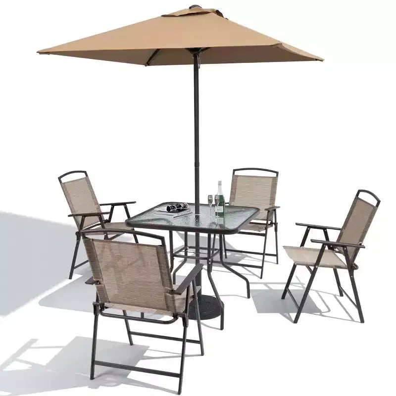 Crestlive Products 6 PCS Patio Dinning Set 4 Folding Chairs Square Tempered Glass Table and Umbrella Set