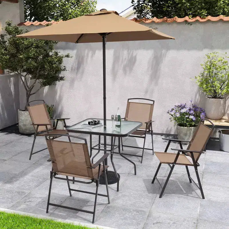 Crestlive Products 6 PCS Patio Dinning Set 4 Folding Chairs Square Tempered Glass Table and Umbrella Set