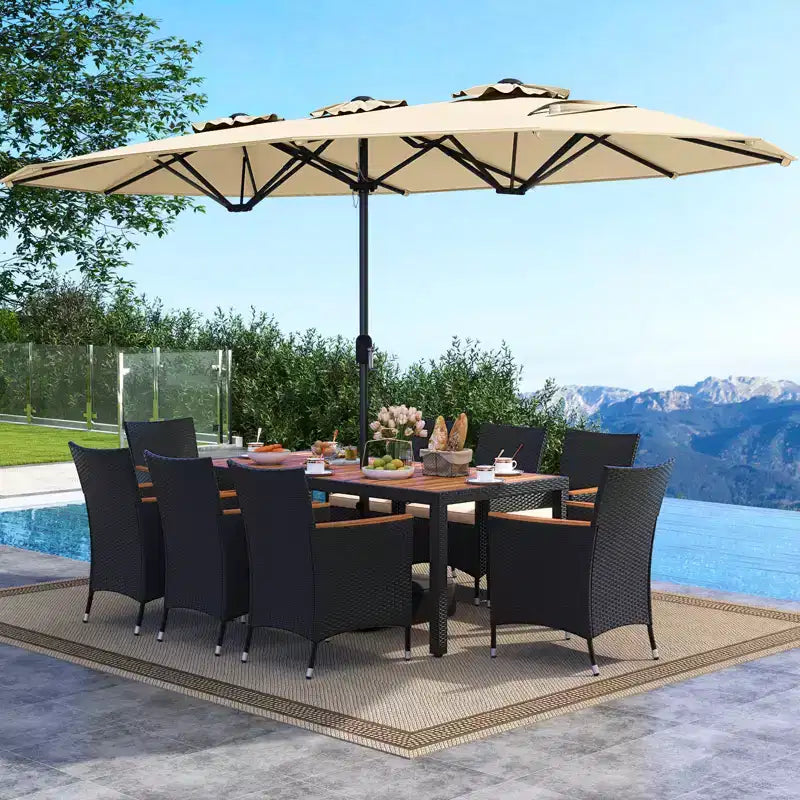 Costway 11 PCS Patio Wicker Dining Set with Double-Sided Outdoor Umbrella 8 Chairs Orange/Turquoise