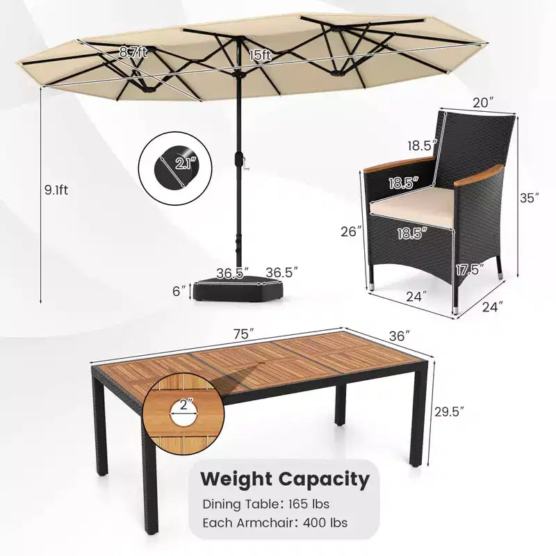 Costway 11 PCS Patio Wicker Dining Set with Double-Sided Outdoor Umbrella 8 Chairs Orange/Turquoise