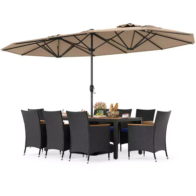 Costway 11 PCS Patio Wicker Dining Set with Double-Sided Outdoor Umbrella 8 Chairs Orange/Turquoise