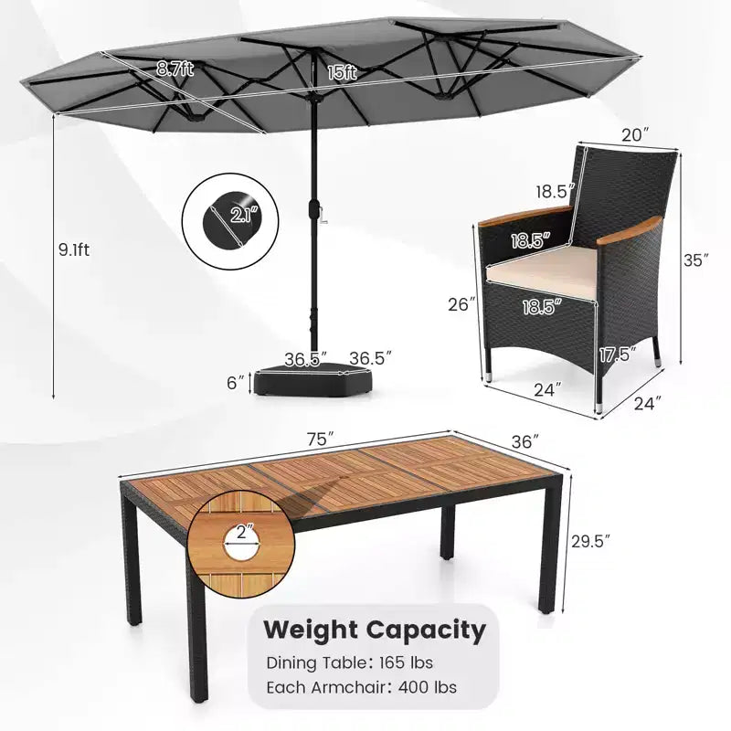 Costway 11 PCS Patio Wicker Dining Set with Double-Sided Outdoor Umbrella 8 Chairs Orange/Turquoise