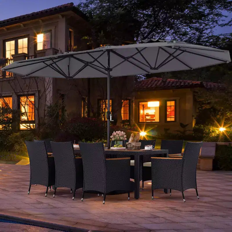 Costway 11 PCS Patio Wicker Dining Set with Double-Sided Outdoor Umbrella 8 Chairs Orange/Turquoise