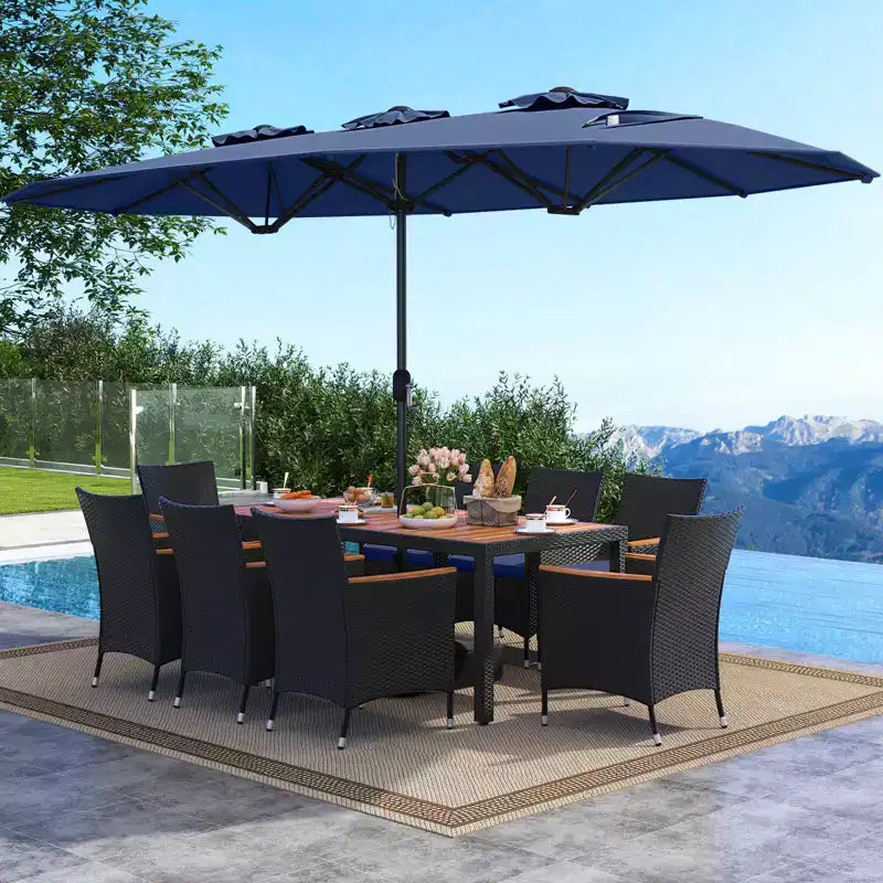 Costway 11 PCS Patio Wicker Dining Set with Double-Sided Outdoor Umbrella 8 Chairs Orange/Turquoise