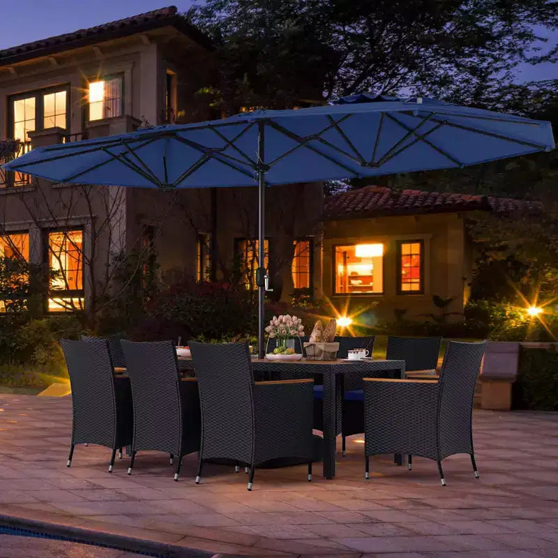 Costway 11 PCS Patio Wicker Dining Set with Double-Sided Outdoor Umbrella 8 Chairs Orange/Turquoise