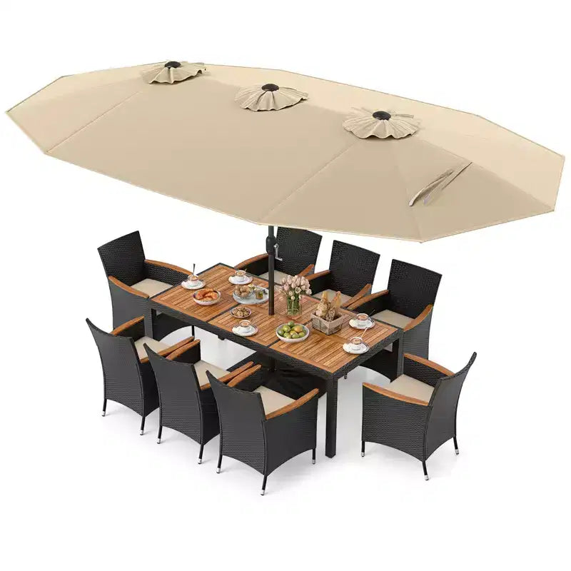 Costway 11 PCS Patio Wicker Dining Set with Double-Sided Outdoor Umbrella 8 Chairs Orange/Turquoise