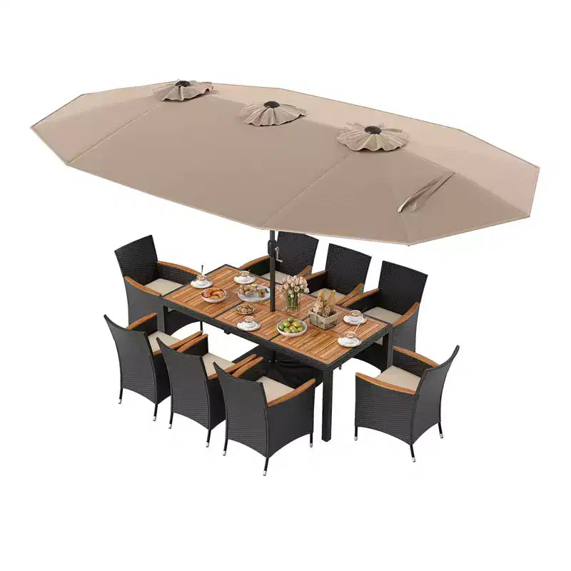 Costway 11 PCS Patio Wicker Dining Set with Double-Sided Outdoor Umbrella 8 Chairs Orange/Turquoise