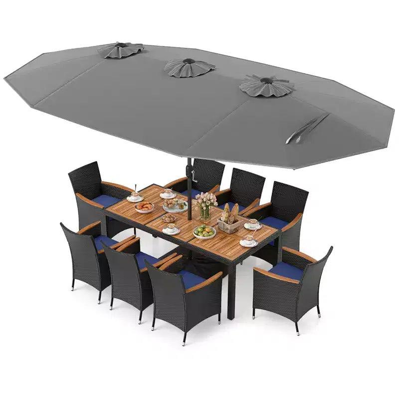 Costway 11 PCS Patio Wicker Dining Set with Double-Sided Outdoor Umbrella 8 Chairs Orange/Turquoise