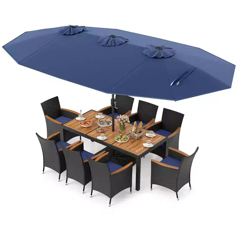Costway 11 PCS Patio Wicker Dining Set with Double-Sided Outdoor Umbrella 8 Chairs Orange/Turquoise