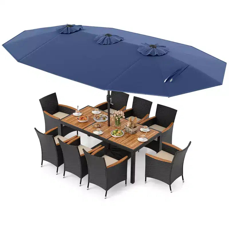 Costway 11 PCS Patio Wicker Dining Set with Double-Sided Outdoor Umbrella 8 Chairs Orange/Turquoise
