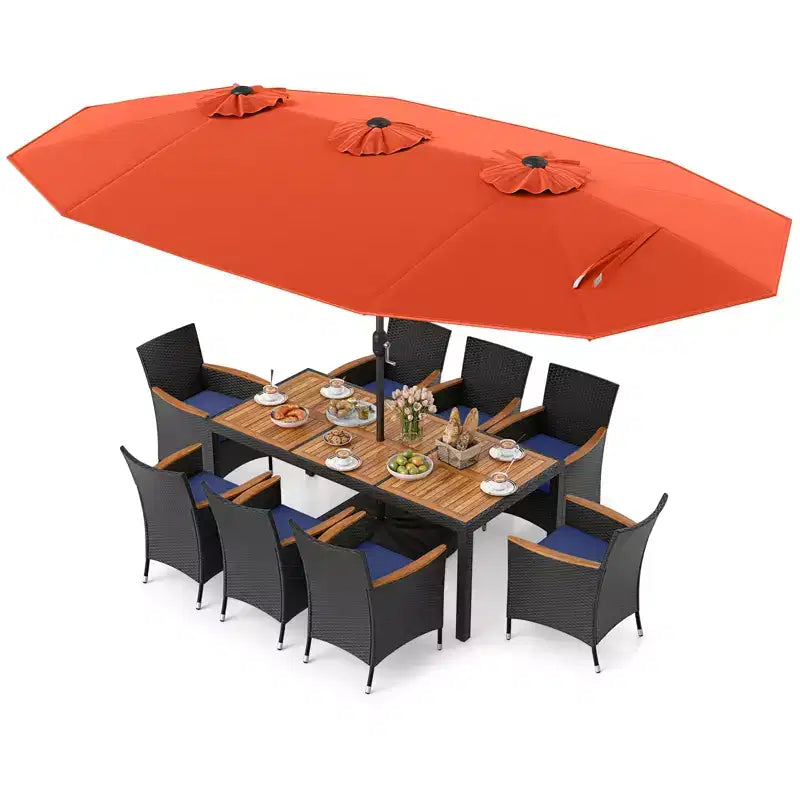 Costway 11 PCS Patio Wicker Dining Set with Double-Sided Outdoor Umbrella 8 Chairs Orange/Turquoise
