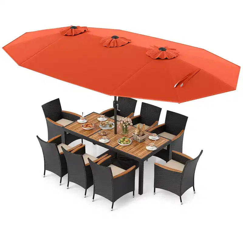 Costway 11 PCS Patio Wicker Dining Set with Double-Sided Outdoor Umbrella 8 Chairs Orange/Turquoise