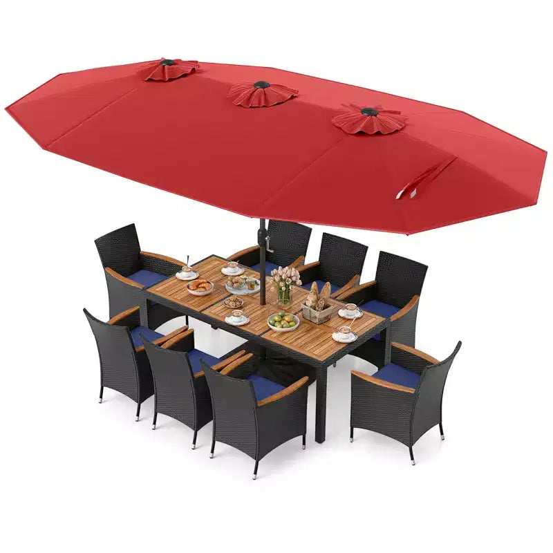 Costway 11 PCS Patio Wicker Dining Set with Double-Sided Outdoor Umbrella 8 Chairs Orange/Turquoise