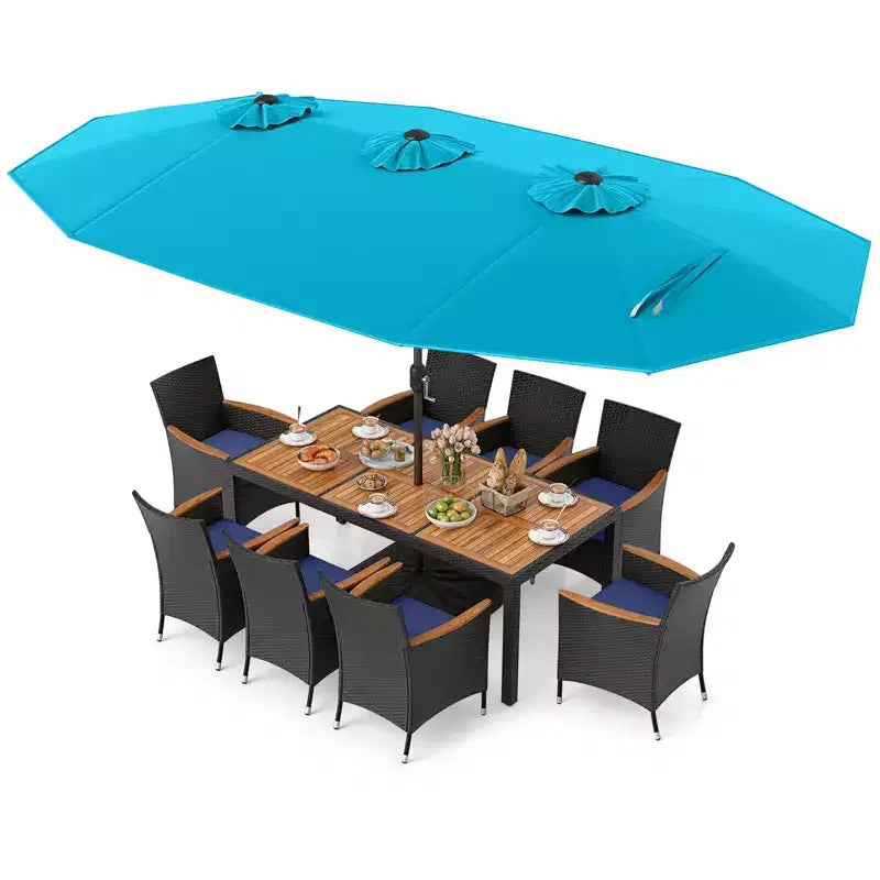 Costway 11 PCS Patio Wicker Dining Set with Double-Sided Outdoor Umbrella 8 Chairs Orange/Turquoise