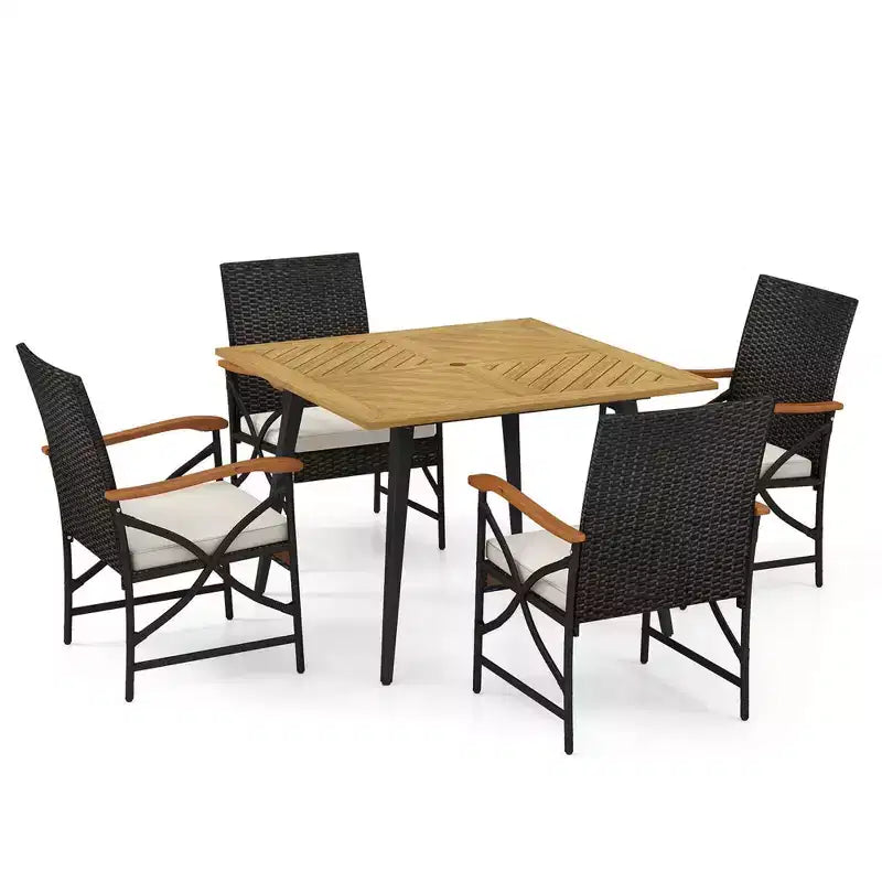 Costway 5 PCS Patio PE Wicker Dining Set Table and Chairs with Cushions 1.9 Umbrella Hole