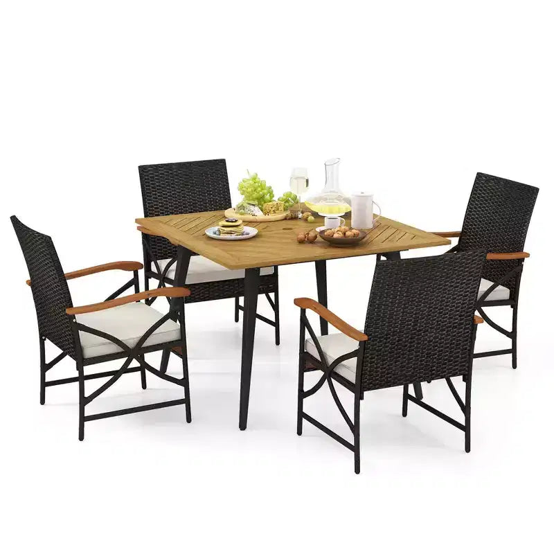 Costway 5 PCS Patio PE Wicker Dining Set Table and Chairs with Cushions 1.9 Umbrella Hole
