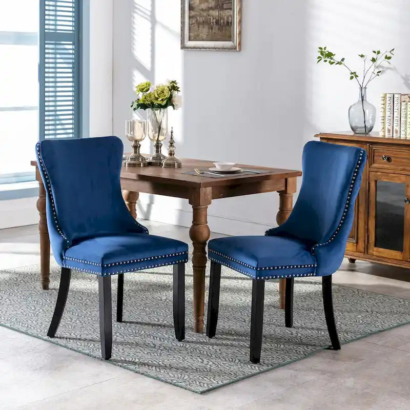 Silla de comedor con respaldo de terciopelo, tapizado con tachuelas, asiento individual - Azul / Negro / Dorado / Beige / Gris / Azul claro