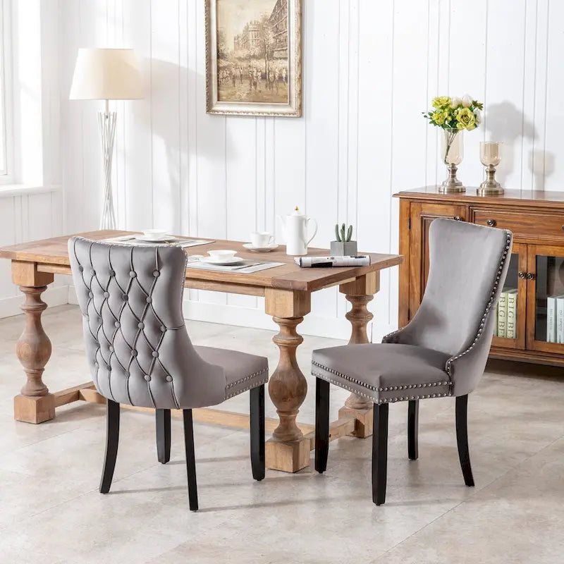 Silla de comedor con respaldo de terciopelo, tapizado con tachuelas, asiento individual - Azul / Negro / Dorado / Beige / Gris / Azul claro