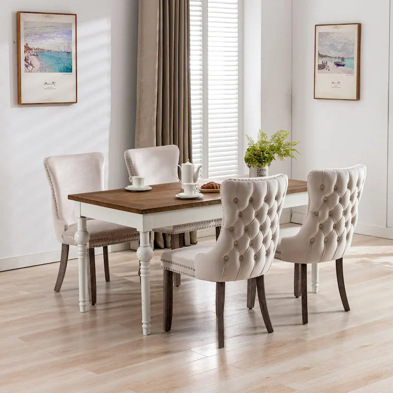 Silla de comedor con respaldo de terciopelo, tapizado con tachuelas, asiento individual - Azul / Negro / Dorado / Beige / Gris / Azul claro