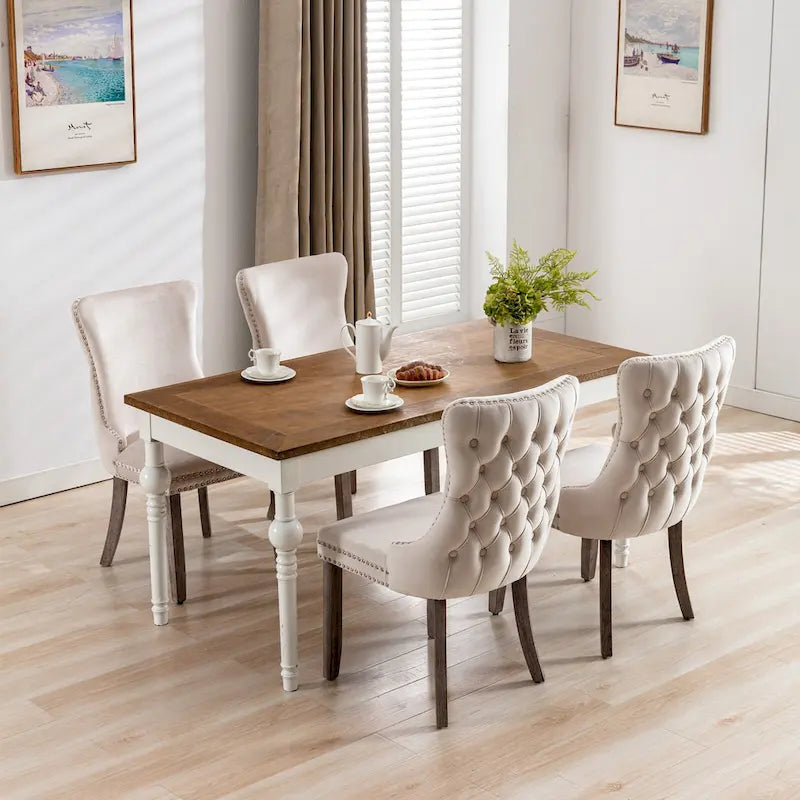 Silla de comedor con respaldo de terciopelo, tapizado con tachuelas, asiento individual - Azul / Negro / Dorado / Beige / Gris / Azul claro