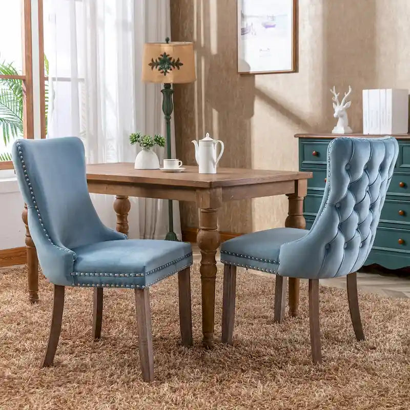 Silla de comedor con respaldo de terciopelo, tapizado con tachuelas, asiento individual - Azul / Negro / Dorado / Beige / Gris / Azul claro
